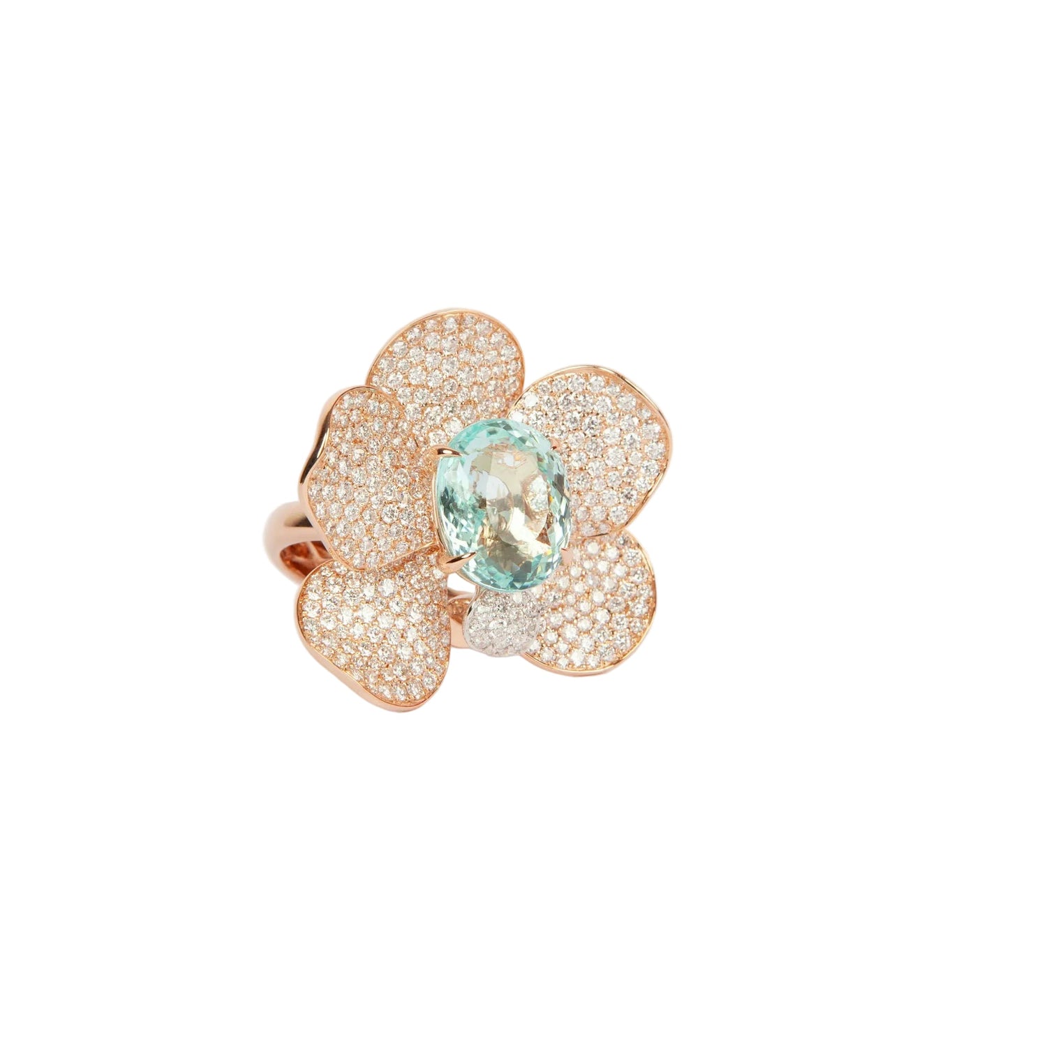 Statement ring in 18K rose gold featuring 9.2 ct GIA-certified green Paraiba tourmaline and 4.00 ct natural diamonds.