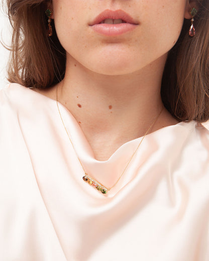 NOVI Jewelry 18K yellow gold pendant with 2.58 ct natural tourmalines and sapphires, IGI certified luxury gemstone jewelry.