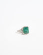 NOVI Jewelry 14K white gold ring featuring a 9.80 ct bluish-green emerald accented with 0.79 ct Faint Pink SI1/E diamonds, IGI certified, elegant and timeless design highlighting the emerald’s color and diamond sparkle.