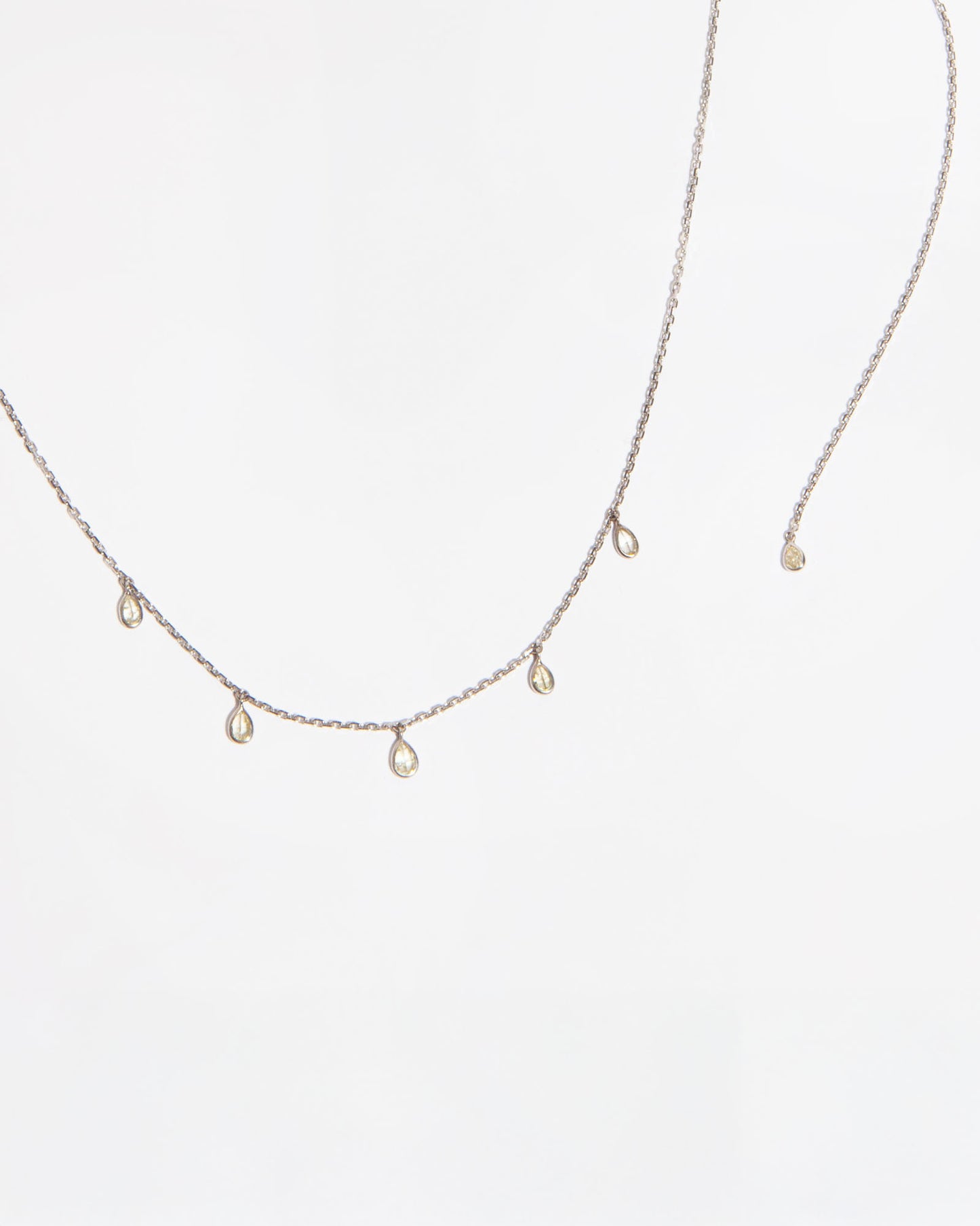 NOVI Jewelry 18K white gold drop necklace with 0.49 ct pear-shaped fancy yellow natural diamond, I1-SI2, IGI certified elegant diamond jewelry.