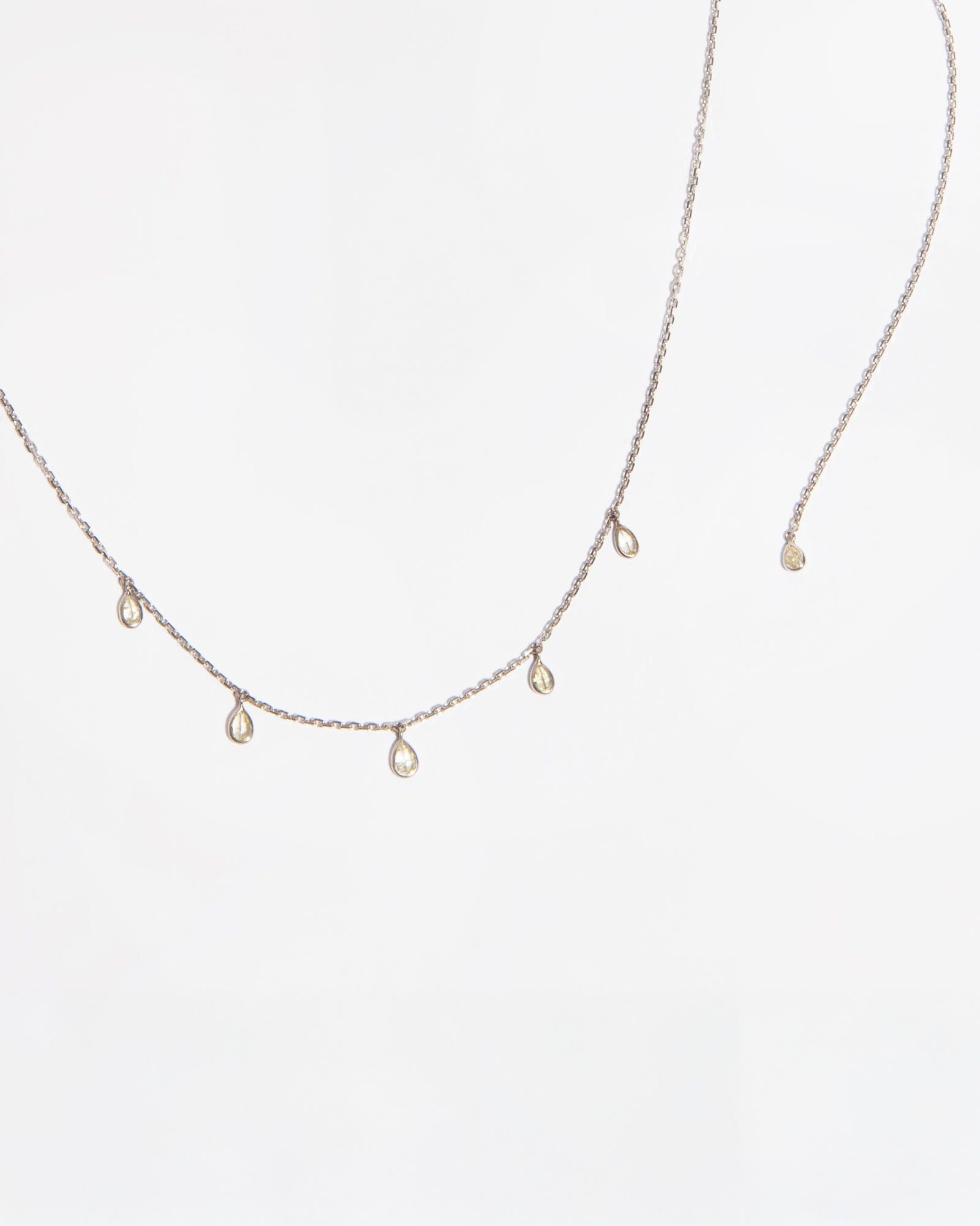 NOVI Jewelry 18K white gold drop necklace with 0.49 ct pear-shaped fancy yellow natural diamond, I1-SI2, IGI certified elegant diamond jewelry.