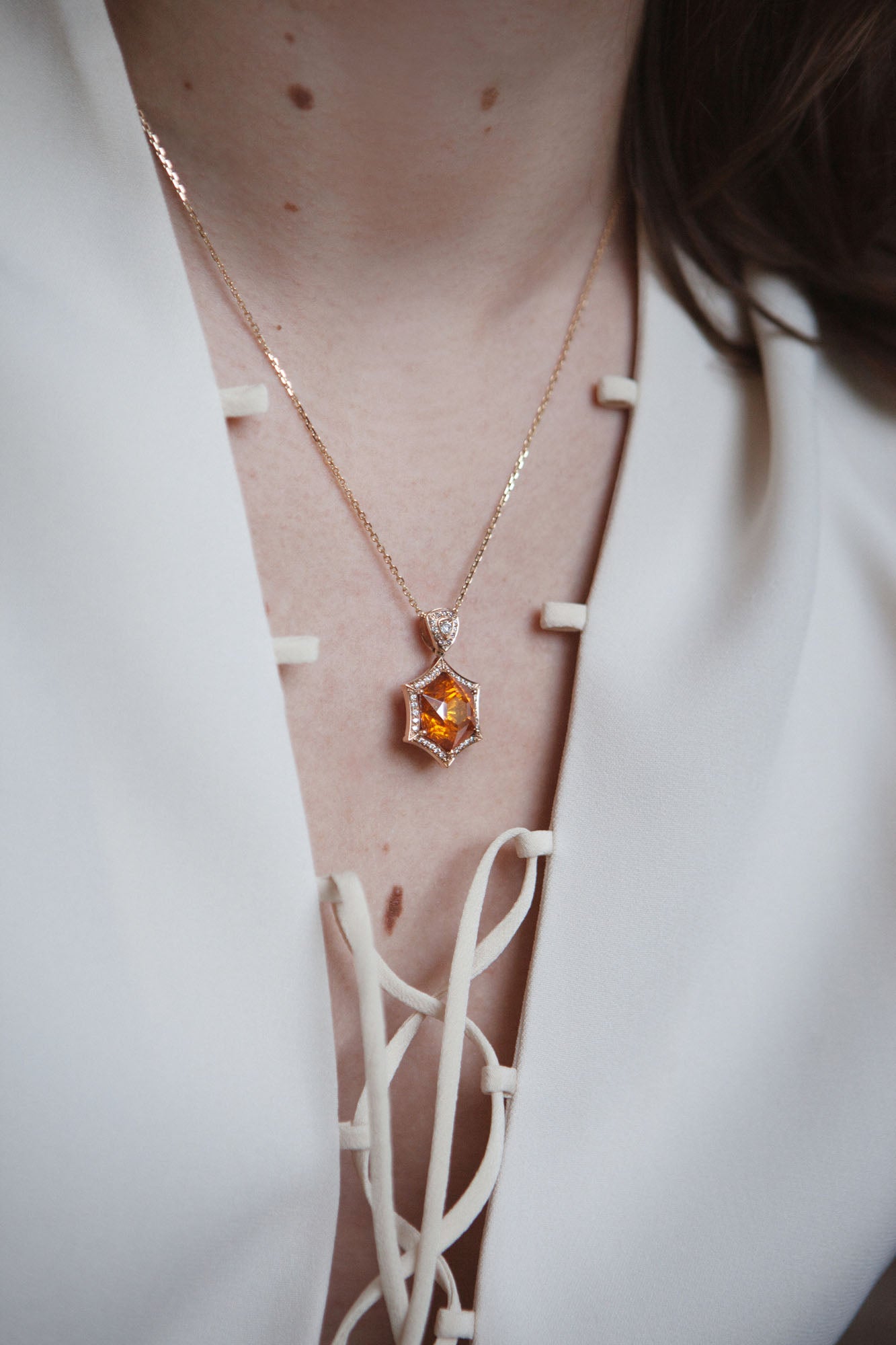 NOVI Jewelry 14K yellow gold pendant with 14.15 ct natural sphalerite and 0.41 ct diamonds, IGE certified luxury gemstone pendant.