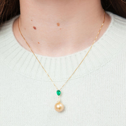 NOVI Jewelry 18K gold necklace with 12.5 mm Golden Pearl, 0.80 ct emerald and 0.383 ct natural diamond, CGL certified luxury gemstone pendant.