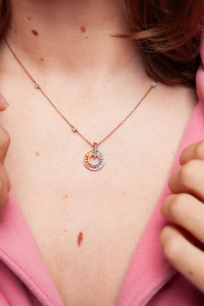NOVI Jewelry 18K rose and white gold necklace with 1.45 ct multicolour sapphires and 0.31 ct natural diamonds, elegant circular sapphire pendant.