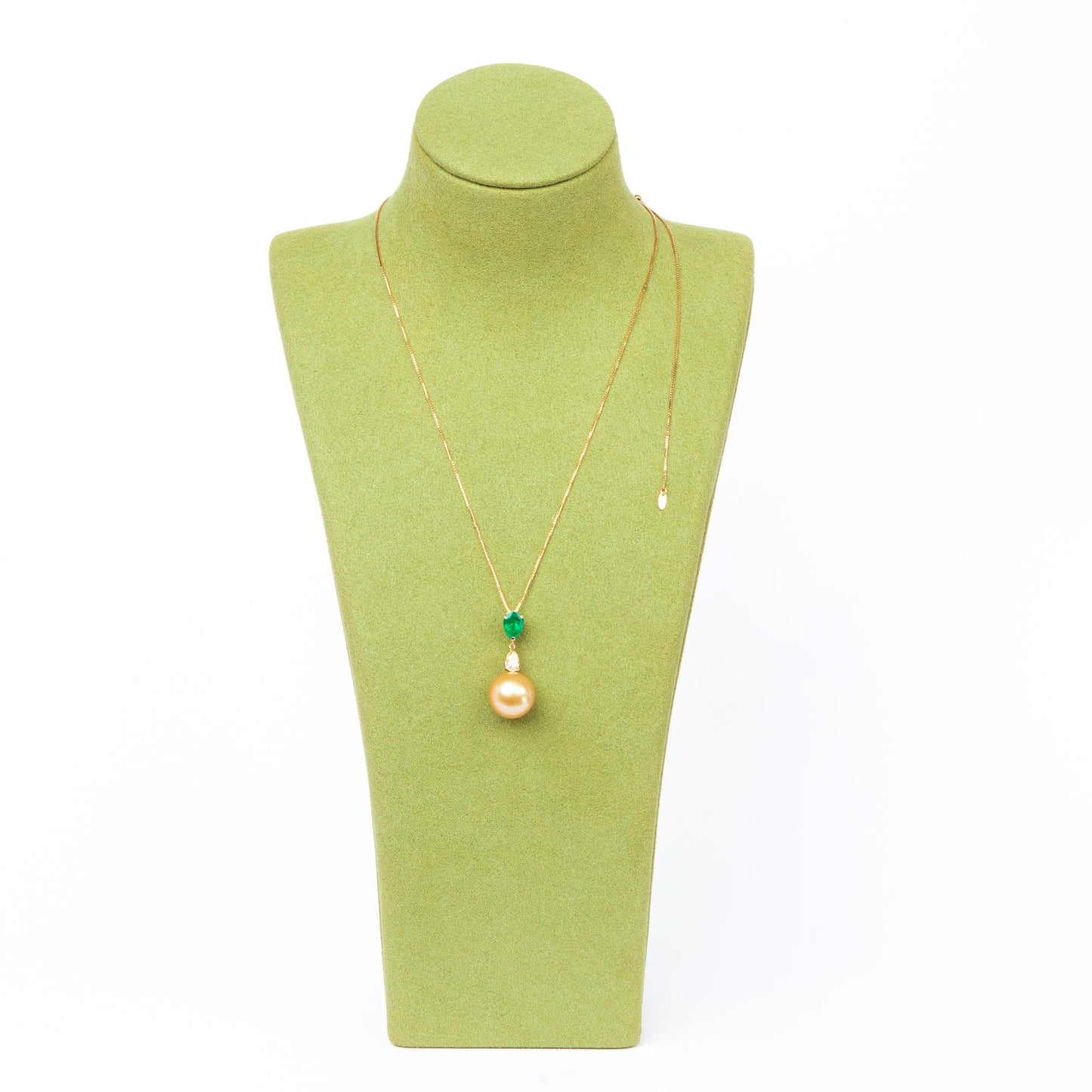 NOVI Jewelry 18K gold necklace with 12.5 mm Golden Pearl, 0.80 ct emerald and 0.383 ct natural diamond, CGL certified luxury gemstone pendant.
