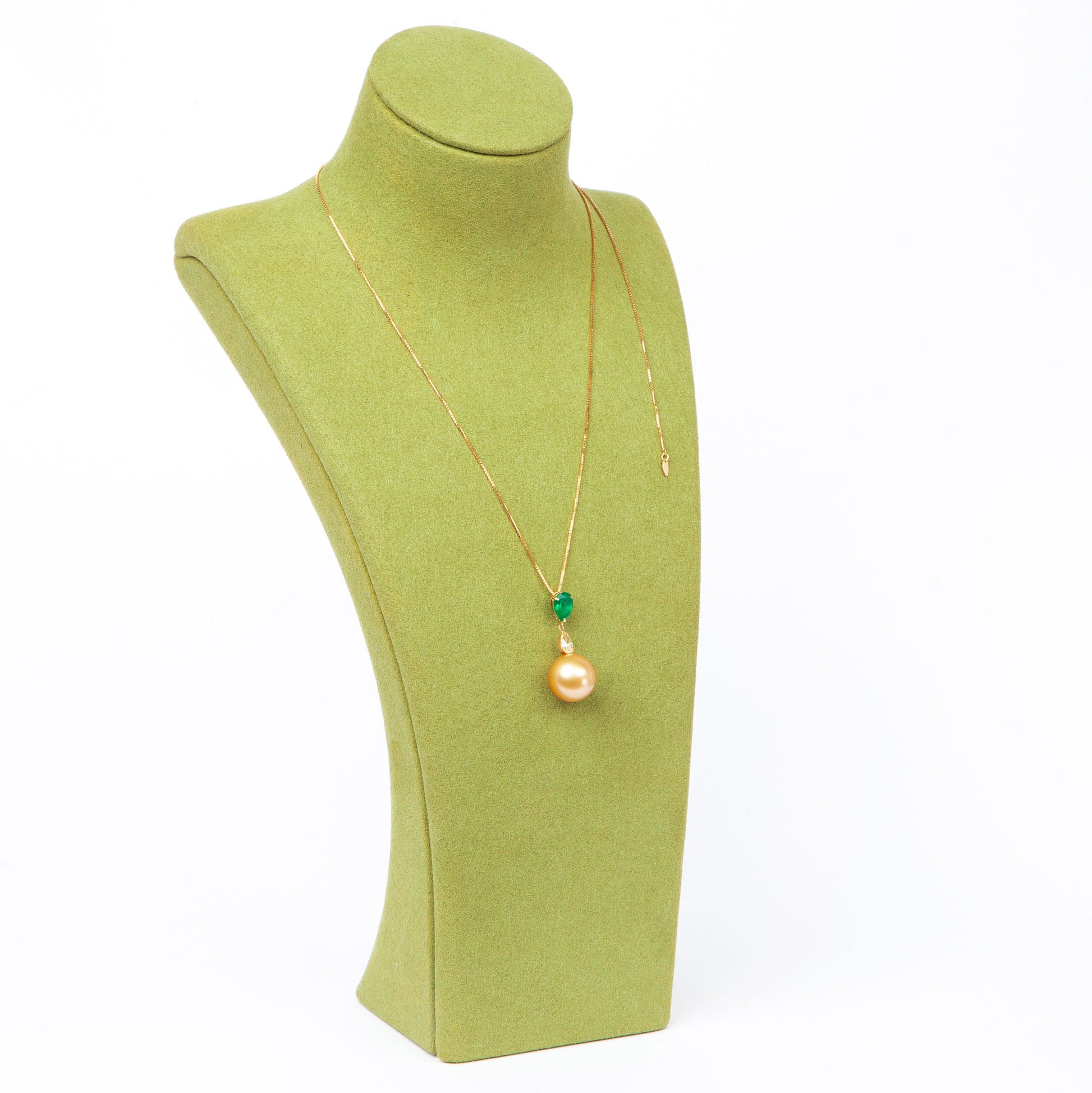 NOVI Jewelry 18K gold necklace with 12.5 mm Golden Pearl, 0.80 ct emerald and 0.383 ct natural diamond, CGL certified luxury gemstone pendant.