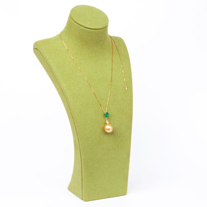 NOVI Jewelry 18K gold necklace with 12.5 mm Golden Pearl, 0.80 ct emerald and 0.383 ct natural diamond, CGL certified luxury gemstone pendant.