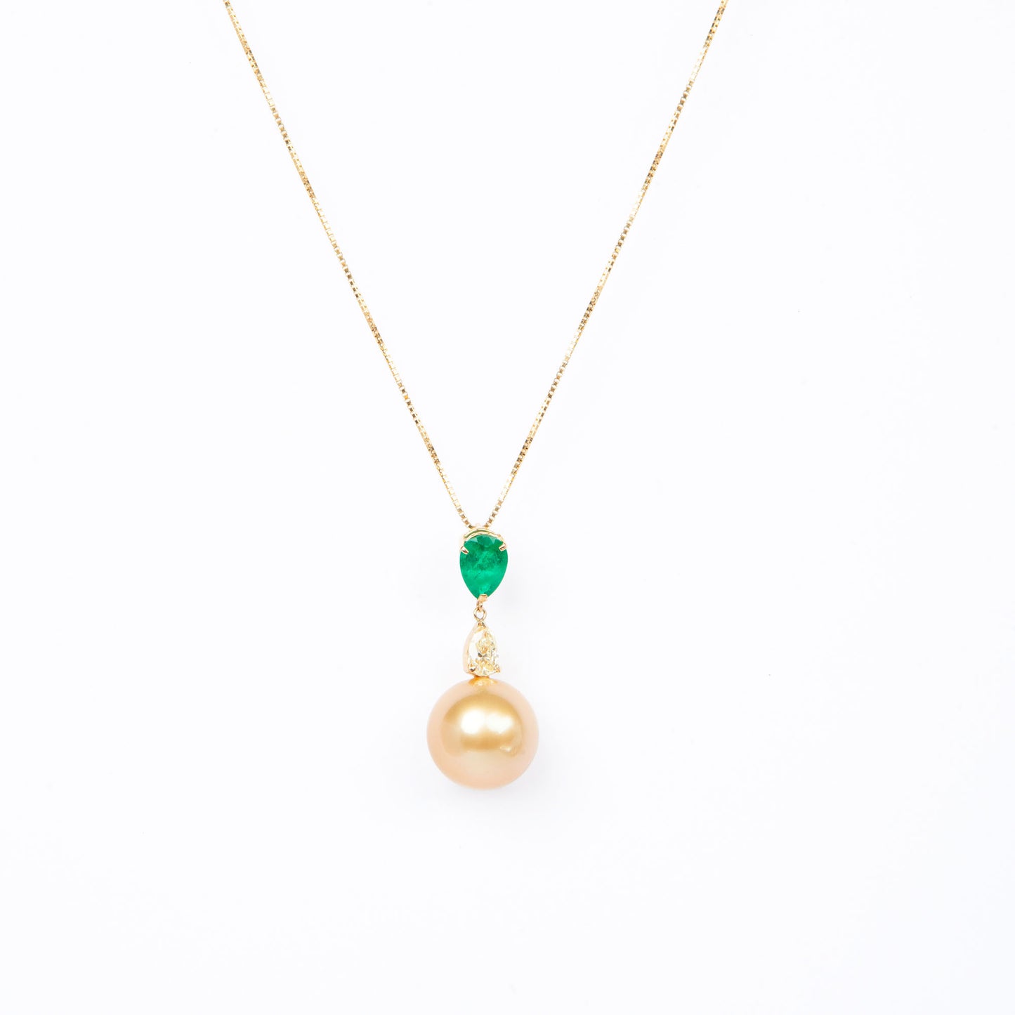 NOVI Jewelry 18K gold necklace with 12.5 mm Golden Pearl, 0.80 ct emerald and 0.383 ct natural diamond, CGL certified luxury gemstone pendant.