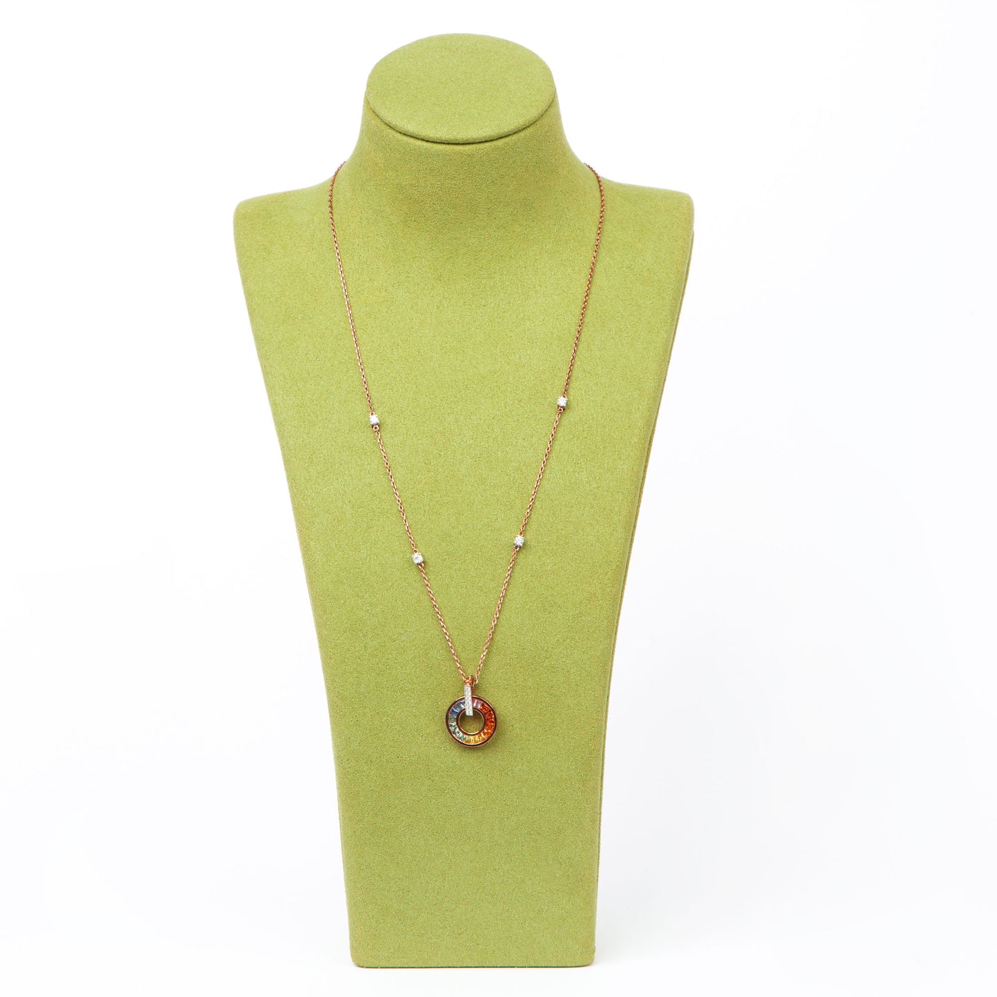 NOVI Jewelry 18K rose and white gold necklace with 1.45 ct multicolour sapphires and 0.31 ct natural diamonds, elegant circular sapphire pendant.