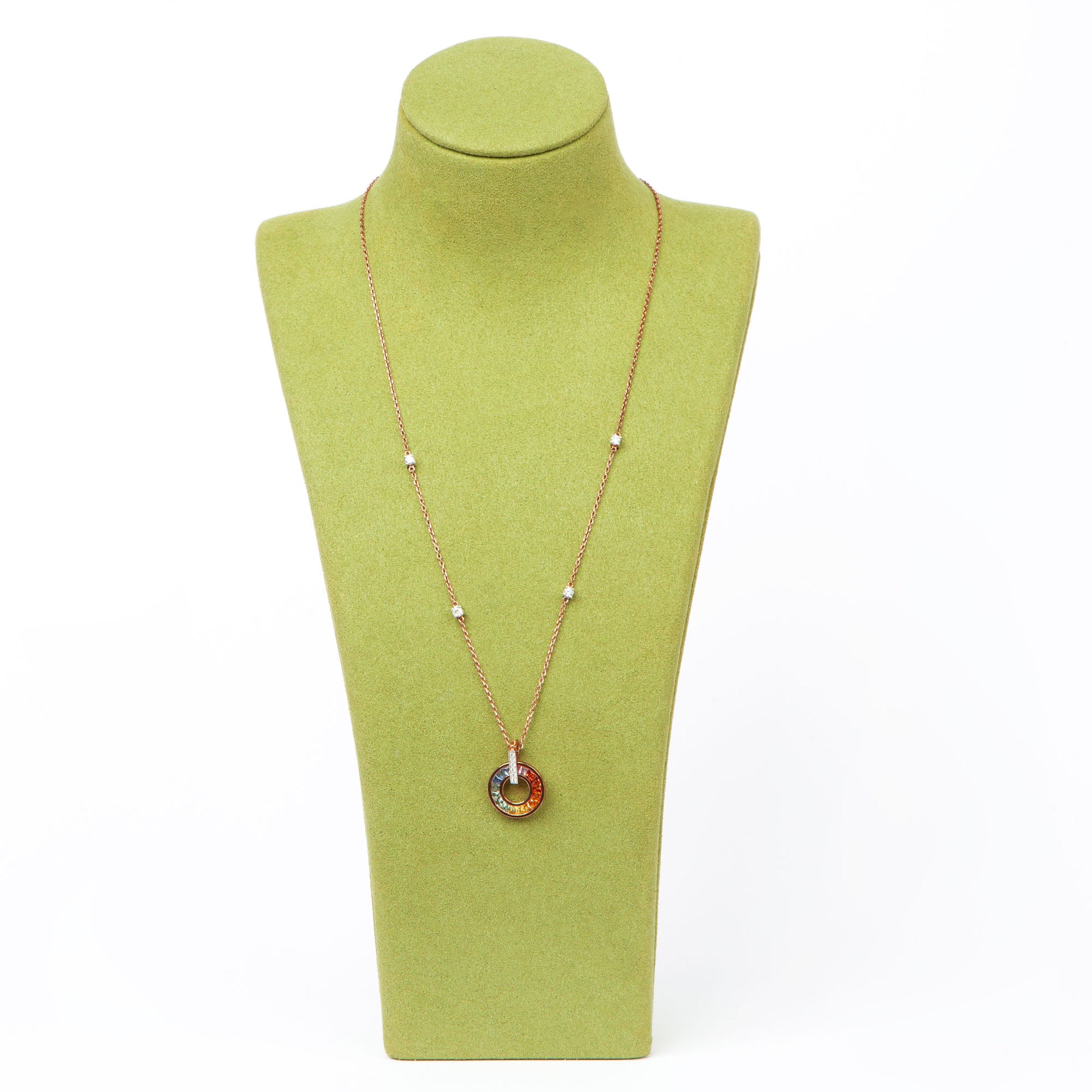NOVI Jewelry 18K rose and white gold necklace with 1.45 ct multicolour sapphires and 0.31 ct natural diamonds, elegant circular sapphire pendant.