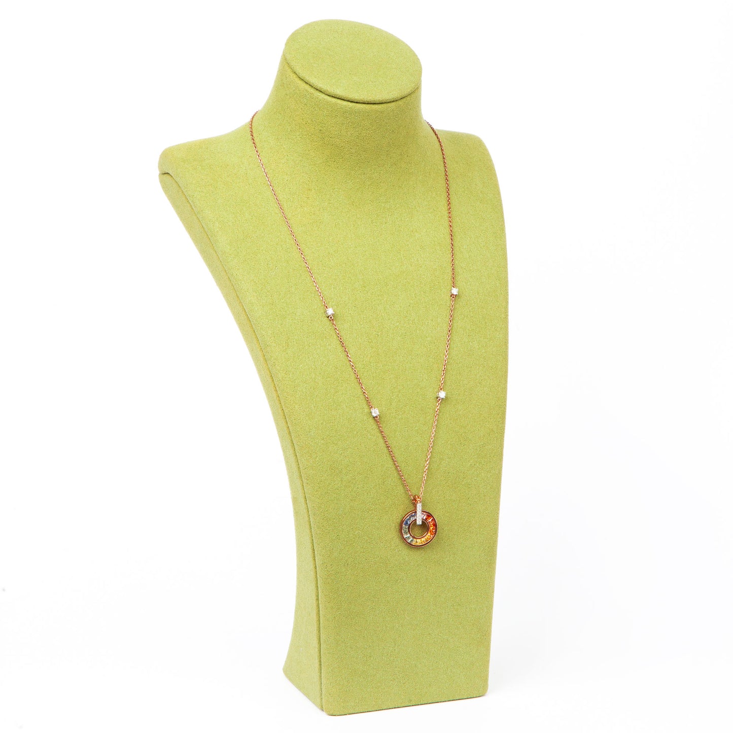 NOVI Jewelry 18K rose and white gold necklace with 1.45 ct multicolour sapphires and 0.31 ct natural diamonds, elegant circular sapphire pendant.