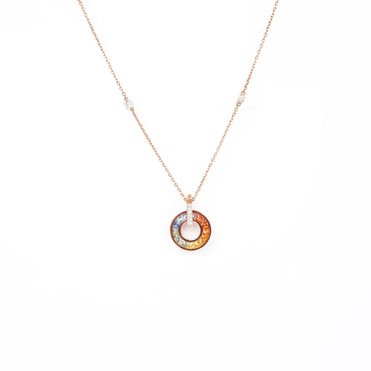 NOVI Jewelry 18K rose and white gold necklace with 1.45 ct multicolour sapphires and 0.31 ct natural diamonds, elegant circular sapphire pendant.