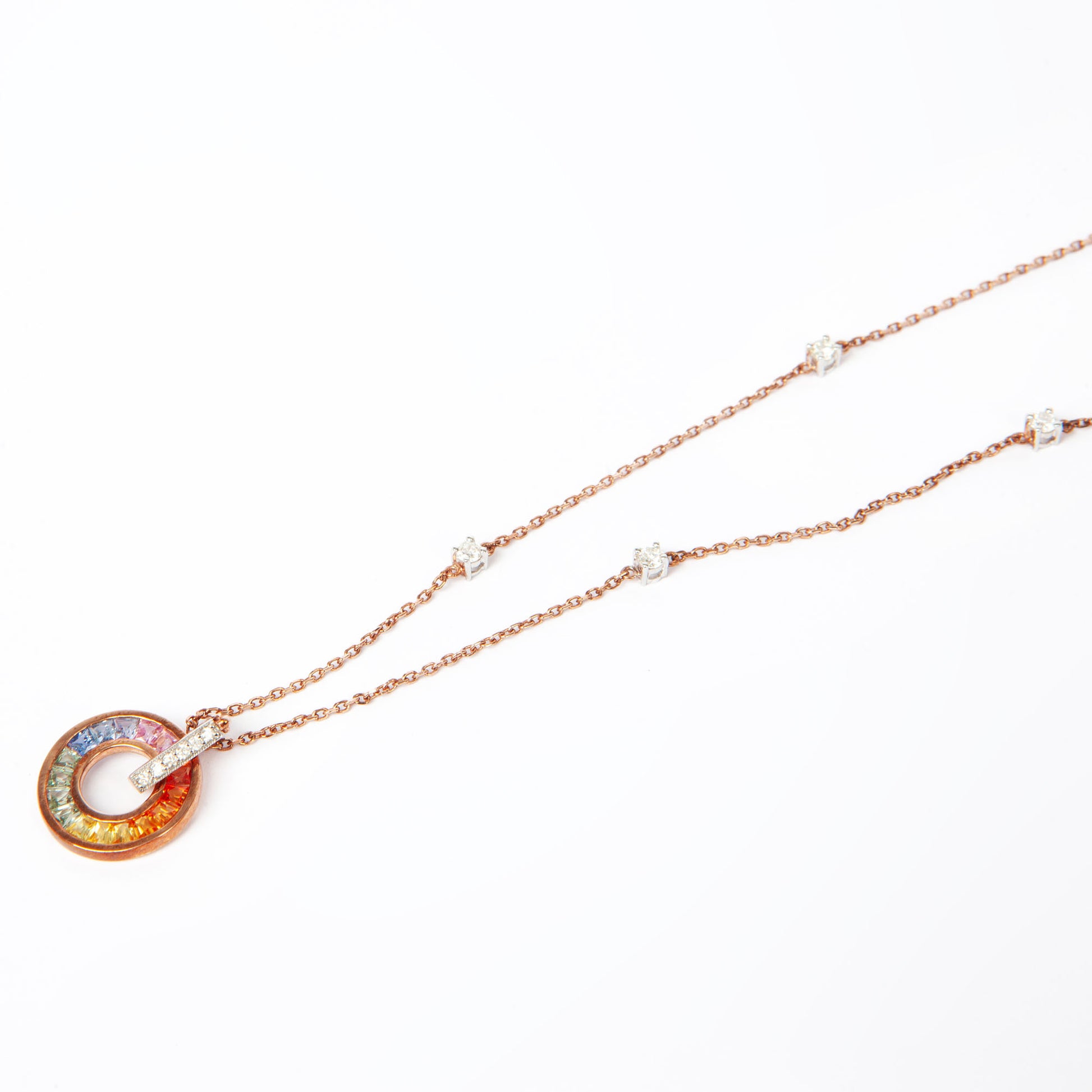 NOVI Jewelry 18K rose and white gold necklace with 1.45 ct multicolour sapphires and 0.31 ct natural diamonds, elegant circular sapphire pendant.