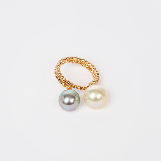 NOVI Jewelry 18K gold ring with 9 mm and 10 mm South Sea pearls, modern elegant open-design pearl ring.