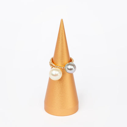 NOVI Jewelry 18K gold ring with 9 mm and 10 mm South Sea pearls, modern elegant open-design pearl ring.