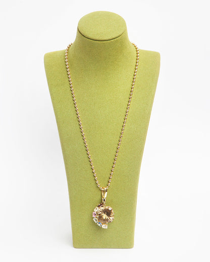 NOVI Jewelry 18K yellow gold pendant with 20.46 ct natural quartz and 3.06 ct multicolor sapphires, Sri Lanka origin, oval cut, total 23.62 ct, statement gemstone pendant.