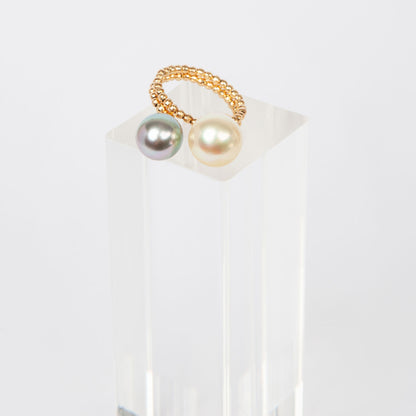 NOVI Jewelry 18K gold ring with 9 mm and 10 mm South Sea pearls, modern elegant open-design pearl ring.