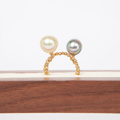 NOVI Jewelry 18K gold ring with 9 mm and 10 mm South Sea pearls, modern elegant open-design pearl ring.