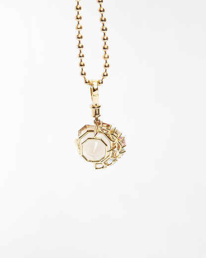 NOVI Jewelry 18K yellow gold pendant with 20.46 ct natural quartz and 3.06 ct multicolor sapphires, Sri Lanka origin, oval cut, total 23.62 ct, statement gemstone pendant.