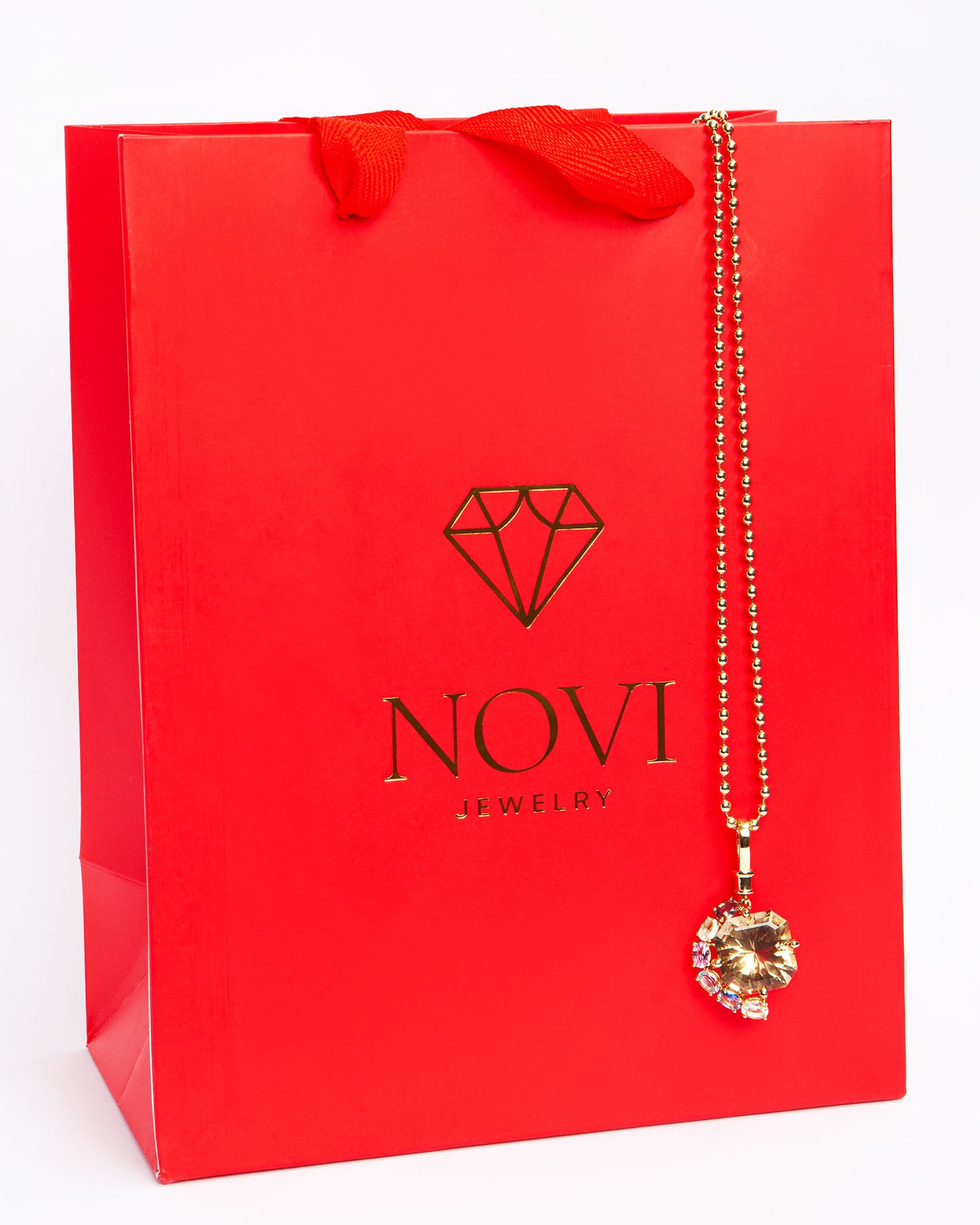 NOVI Jewelry 18K yellow gold pendant with 20.46 ct natural quartz and 3.06 ct multicolor sapphires, Sri Lanka origin, oval cut, total 23.62 ct, statement gemstone pendant.