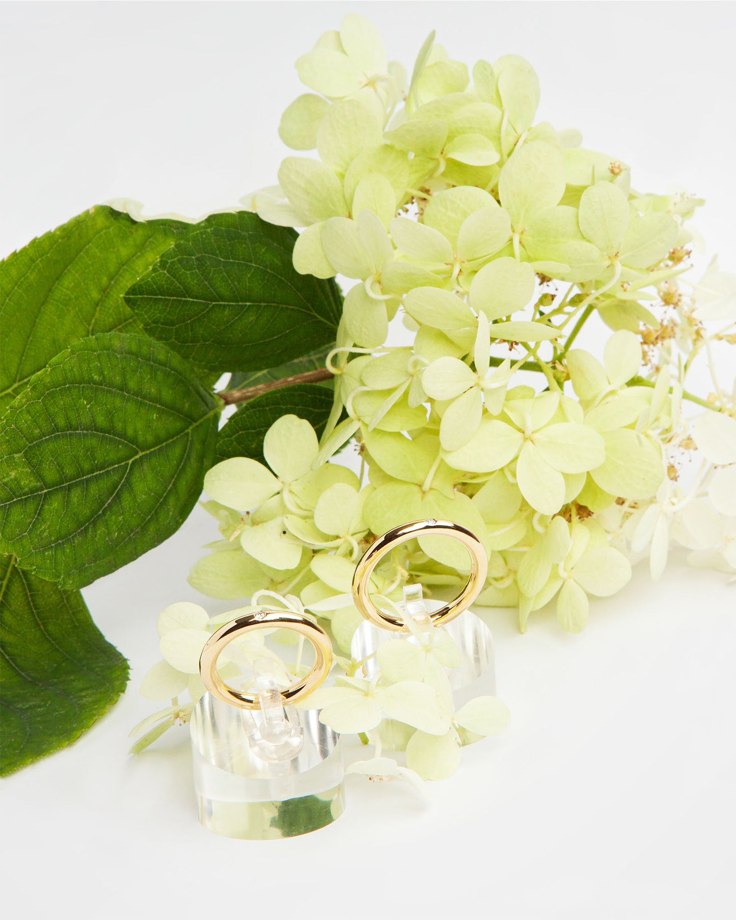 NOVI Jewelry 18K yellow gold wedding rings with 0.015 ct natural diamonds, elegant matching diamond ring pair.