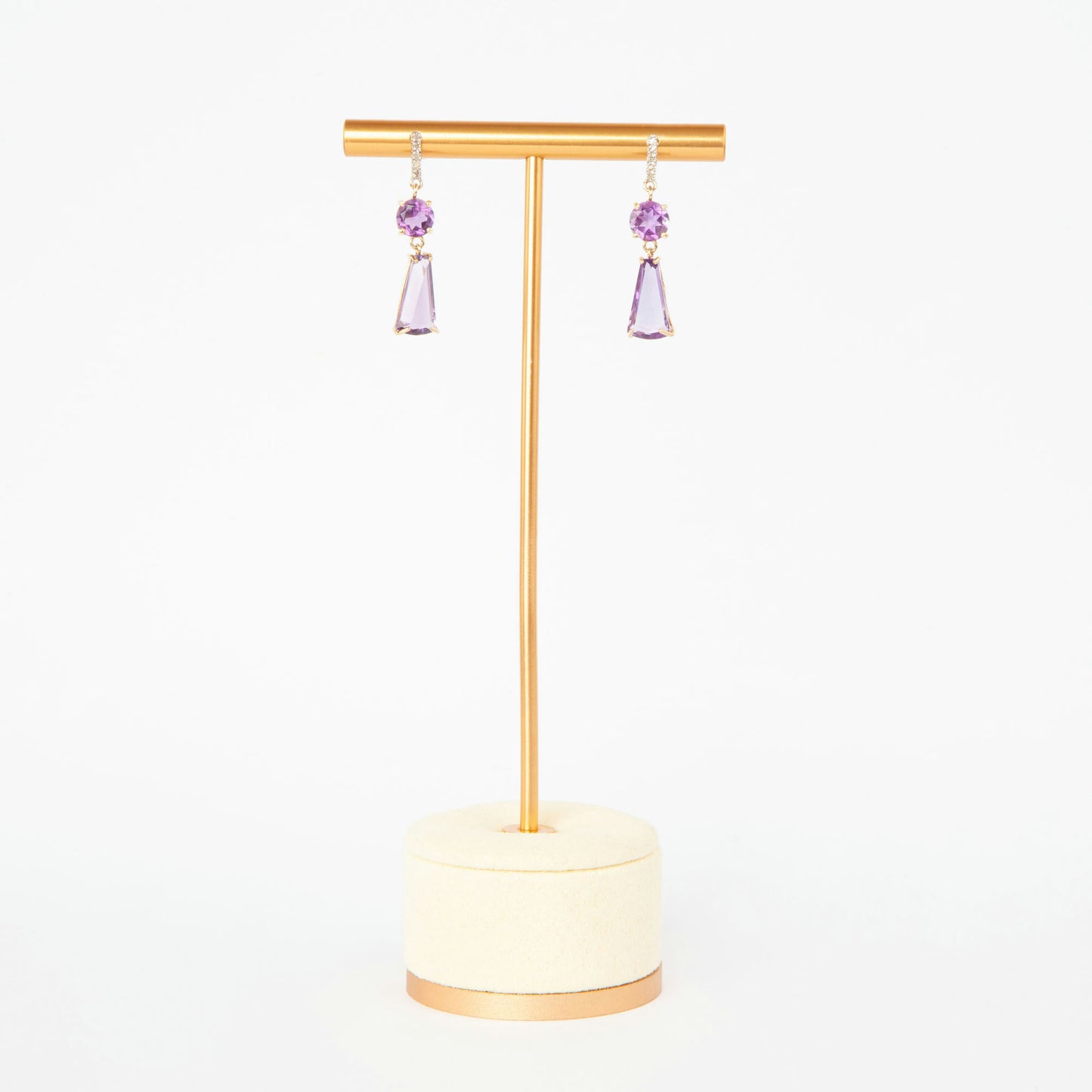 14K gold earrings featuring amethysts and diamond accents.