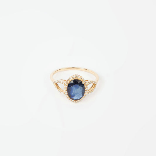 14K gold ring featuring 1.57ct oval mixed-cut natural sapphire and 54 diamonds, total 1.73ct, HRD certified.