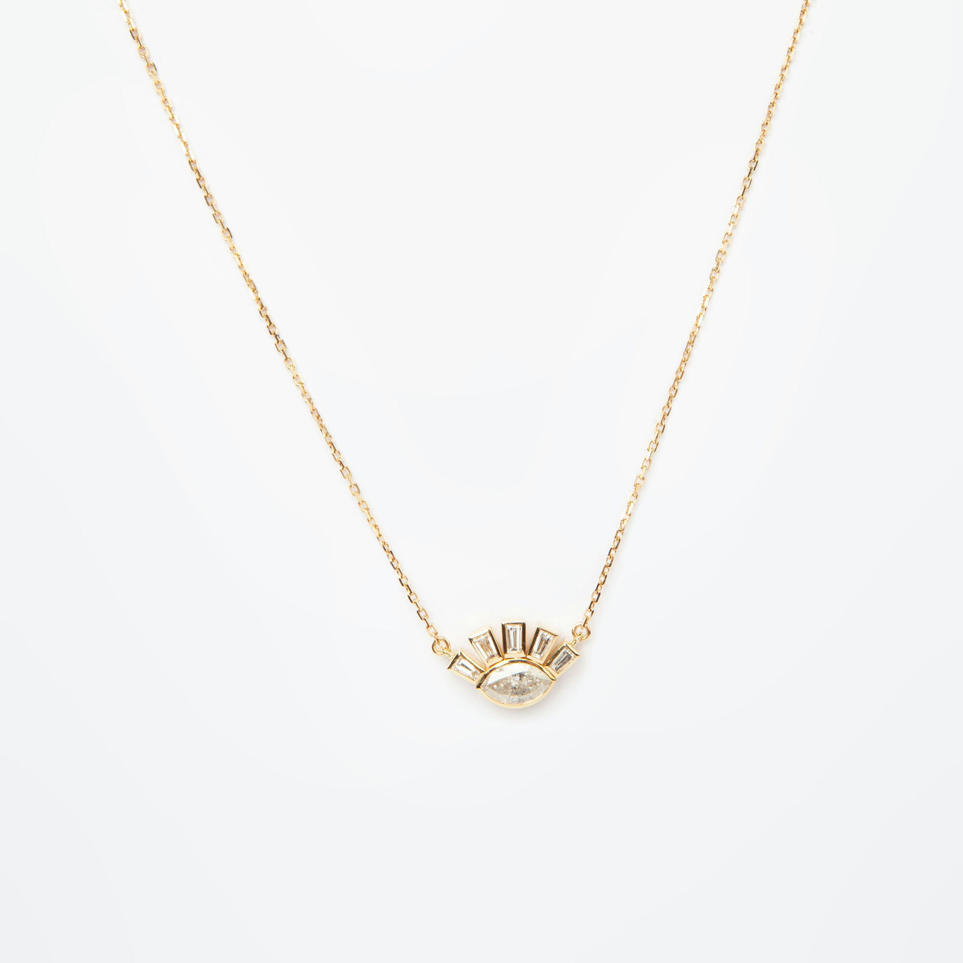 18K white gold necklace featuring 1.01 ct marquise diamond and 0.62 ct trapezoid-cut diamonds, IGI and IGE certified.