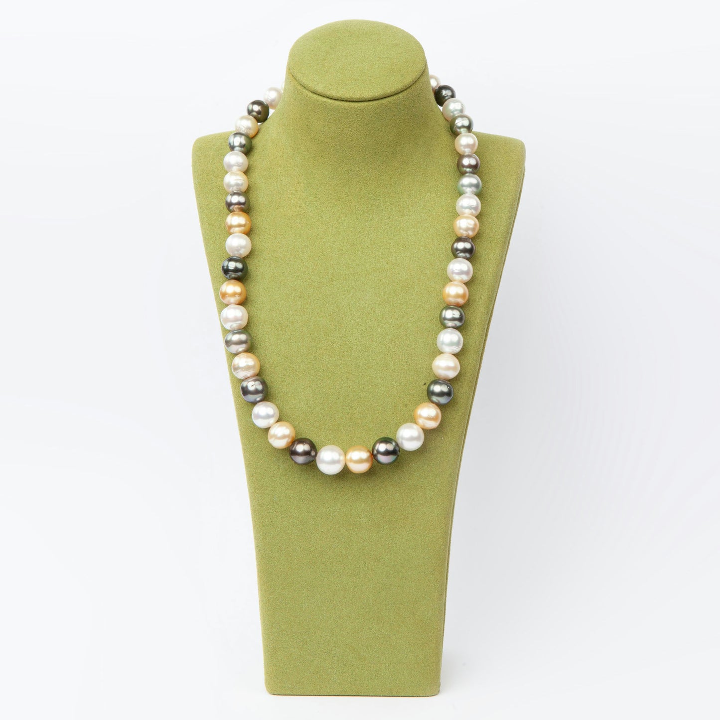 Elegant necklace featuring 43 natural South Sea pearls in white, golden, and dark tones.