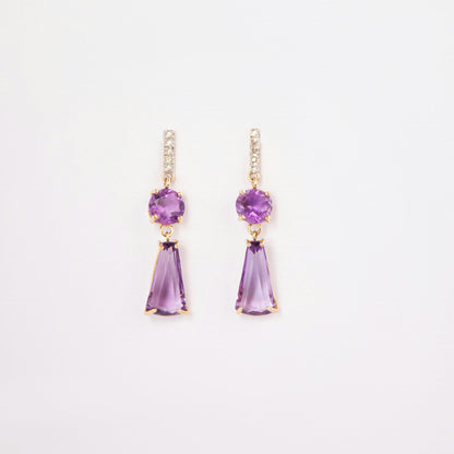 14K gold earrings featuring amethysts and diamond accents.