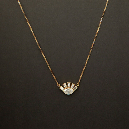 18K white gold necklace featuring 1.01 ct marquise diamond and 0.62 ct trapezoid-cut diamonds, IGI and IGE certified.